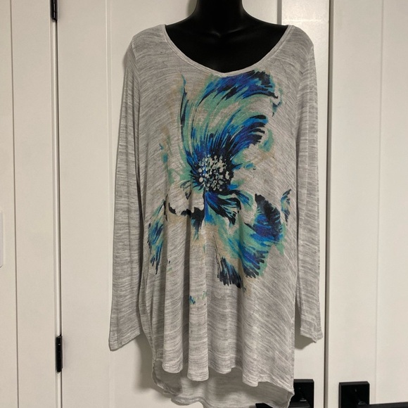 Lucky Brand V-Neck grey Watercolour Long‎ Sleeve Floral Print Shirt Top Size XL - Picture 1 of 6